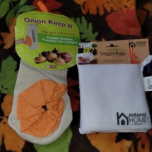 Natural Home Veggie Mesh Bags Reusable Qty 5 & Evri Onion Keeper Bag  New